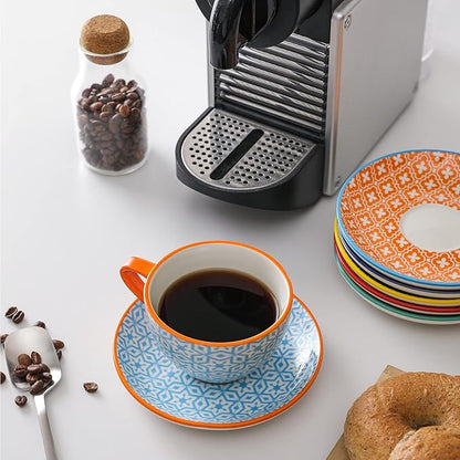 Selamica Ceramic 8 oz Cappuccino Cup Set with Saucers, Espresso Coffee Cups, Latte Macchiato for Party Cafe Home, Set of 6, Assorted Colors