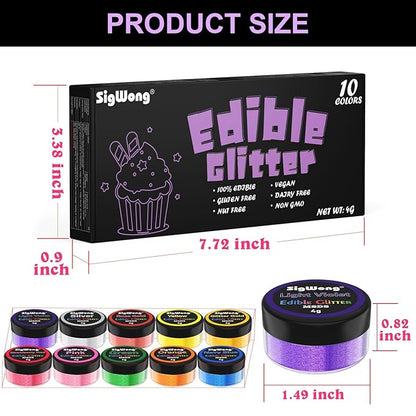 Edible Glitter - 10 Colors Luster Dust Edible Set for Drinks, Food Grade Edible Glitter Dust for Cake Decorating, Cocktail, Fondant, Strawberries, Candy, Cookie, Chocolate. Vegan and Gluten Free - 4g/bottle
