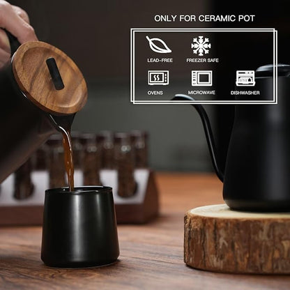 DHPO Ceramic French Press Coffee Maker, 22 Ounce Coffee Press Manual Brewer with Walnut Wood Lid, Premium Food Grade Stainless Steel Filter with Dual Screen for Coffee and Loose Tea, Gift Box, Black