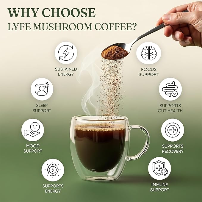 LYFE Organic Instant Mushroom Coffee – Lion’s Mane, Chaga, Cordyceps, Turkey Tail | USA Grown Adaptogenic Mushrooms for Better Energy, Focus, Gut Health, Immunity – 40 Servings
