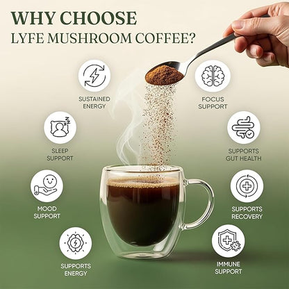 LYFE Organic Instant Mushroom Coffee – Lion’s Mane, Chaga, Cordyceps, Turkey Tail | USA Grown Adaptogenic Mushrooms for Better Energy, Focus, Gut Health, Immunity – 40 Servings