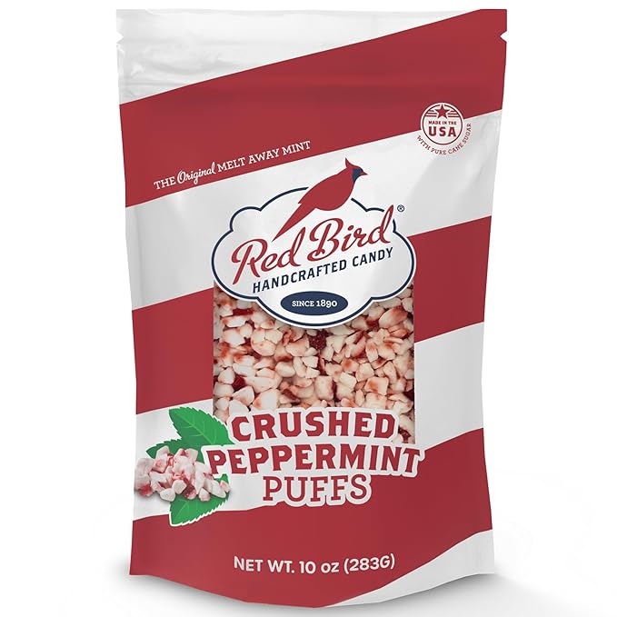Red Bird Crushed Peppermint Puffs, Soft Crushed Peppermint Candy Topping for Baking, Ice Cream & Drinks, 10 oz Bag