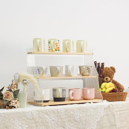 Coffee Mug Holder Wooden Cup Rack,3-Tier Acrylic Home Coffee Mug Display Rack for Kitchen Countertops, Coffee Bars, for Placing Mugs, Coffee Beans, Syrup, Cups, Stirrers ﻿