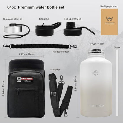 NATURE PIONEOR Insulated Water Bottles with Straw - 64oz Stainless Steel Vacuum Bottle with Holder/Carrier/Sleeve - Reusable 18/8 Food Grade Half Gallon Water Jug