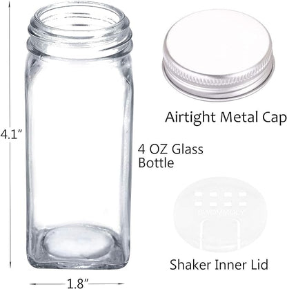 SWOMMOLY 42 Glass Spice Jars with 703 Spice Labels, Chalk Marker and Funnel Complete Set. 42 Square Glass Jars 4oz, Airtight Cap, Pour/sift Shaker Lid