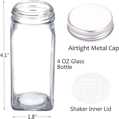 SWOMMOLY 25 Glass Spice Jars with 703 Spice Labels, Chalk Marker and Funnel Complete Set. 25 Square Glass Jars 4OZ, Airtight Cap, Pour/sift Shaker Lid