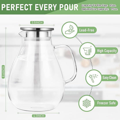 SUSTEAS 2.2 Liter 75oz Glass Pitcher, Water Pitcher with Lid And Wide Handle, Easy Clean Juice Jug for Fridge, Beverage Carafe for Cold/Hot Water, Iced Tea, 1 Long-Handled Brush Included