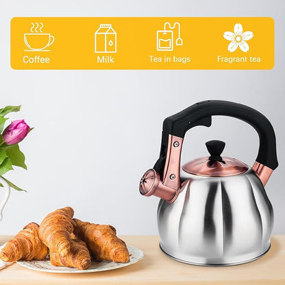 Stainless Steel Tea Kettle for Stove Top Teakettles Stovetop Whistling with Heat Proof Ergonomic Handle 2.5 Quart