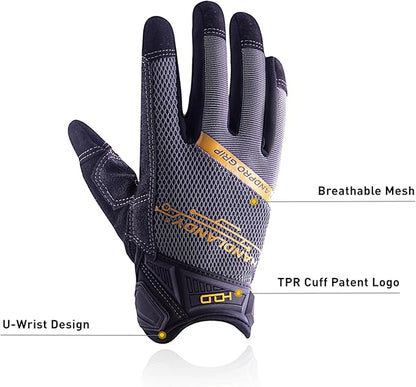 HANDLANDY Mens Work Gloves Touch screen, Utility Mechanic Gloves, Flexible Breathable Fit- Padded Knuckles & Palm