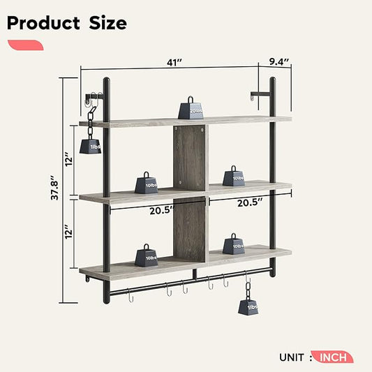 Bestier 41.5" Floating Pipe Shelving Kitchen Shelves Wall Mounted 3 Tier Ladder Shelf Hanging with Circular Tube Display Bookshelf Storage for Living Room Kitchen Balcony, Retro Grey