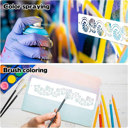 12 Pcs Large Flower Border Stencils for Painting, Reusable Plastic Floral Edge Baking Decorating Vine Stencil Tool, Painting Templates for DIY Cake Wood Wall Tile Furniture Canvas Craft, 3" x 11.8"