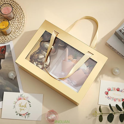 Gold Gift Box with Window, Gift Box with Lid and Handle, Clear Magnetic Gift Box for Present, Bridesmaid Proposal Box (10.5x7.5x3 Inches