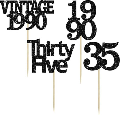 Gyufise 24Pcs Vintage 1990 Cupcake Toppers Glitter Cheers to 35 Fabulous Thirty Five Cupcake Picks 35th Birthday Wedding Anniversary Party Cake Decorations Supplies Black