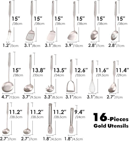 18/10 Stainless Steel Cooking Utensils Set - 16 PCS All Metal Kitchen Tools, Serving Utensils - Whisk, Masher, Fork, Tongs, Solid/Slotted Spoon, Spatula, Turner, Ladle, Skimmer, Pasta, Large Spoon Set