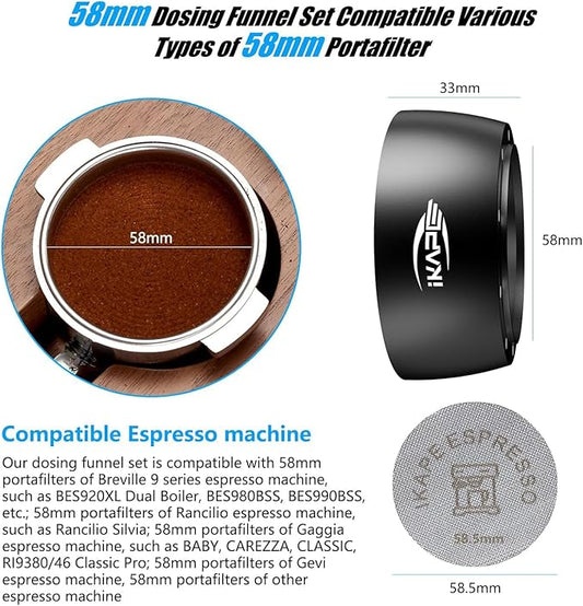 IKAPE Magnetic Dosing Funnel Set, 58MM Espresso Dosing Ring & Puck Screen Kit Compatible with 58MM Bottomless Portafilter - with 10 Small Magnet (Black)