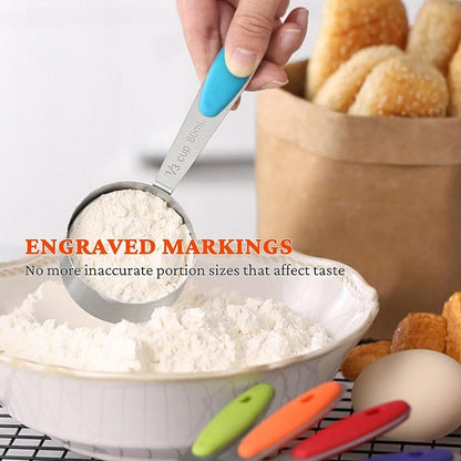 Measuring Cups and Spoons Set of 15, Include 5 Stackable Stainless Steel Cups, 5 Measuring Spoons and 5 Tiny Spoons, Metal Measuring Cups Set with Colored Silicone Handles for Cooking & Baking
