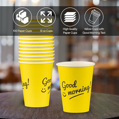 Smygoods Disposable Coffee Cups, To Go Paper Hot Cups, Good Morning Design (12 OZ, 100 Count) For Hot Beverages, Coffee, Tea, Espresso, Cocoa - Vasos Para Cafe