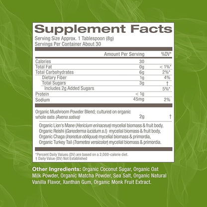 Om Mushroom Superfood Matcha Latte Blend Mushroom Powder, 8.47 Ounce Canister, 30 Servings, Green Tea, Lion's Mane, Reishi, Chaga, Turkey Tail, Focus & Stress Support Supplement