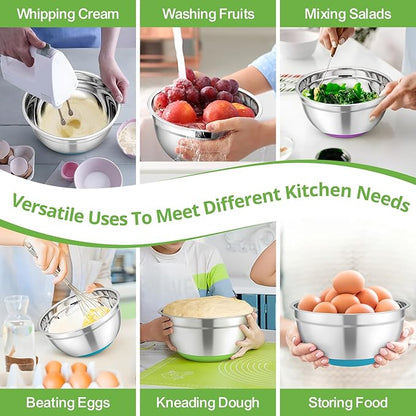 TeamFar Mixing Bowls, 5PCS Stainless Steel Serving Salad Bowls with Lids, For Kitchen Mixing/Baking/Storing/Prepping, Visible & Airtight, Non-Slip Bottom - 4.6/3.5/1.5/1 / 0.7 QT, Multi-color