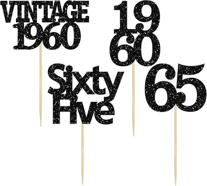 Gyufise 24Pcs Vintage 1960 Cupcake Toppers Glitter Cheers to 65 Fabulous Sixty Five Cupcake Picks 65th Birthday Wedding Anniversary Party Cake Decorations Supplies Black