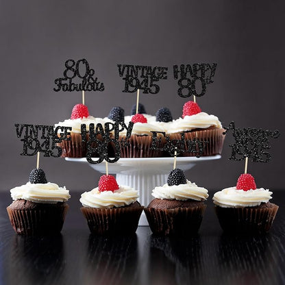 Gyufise 30 Pack Vintage 1945 Cupcake Toppers Glitter Cheers to 80 Fabulous Eighty Cupcake Picks 80th Birthday Wedding Anniversary Party Cake Decorations Supplies Black