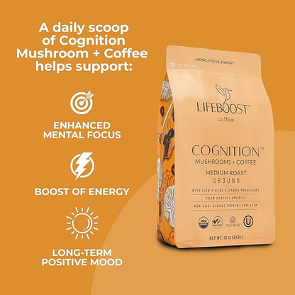 Lifeboost Cognition Adaptogenic Mushroom Coffee - Great Tasting Organic Lions Mane & Chaga Medium Roast Nootropic Coffee - Increase Energy, Boost Focus & Immune Support - 12 oz Bag - Ground