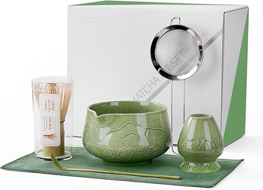 ZENS Matcha Whisk Set, 15oz Ceramic Matcha Set Includes Matcha Bowl, Bamboo Whisk & Chasen Holder, Sifter, Scoop & Tea Towel, 6pcs Matcha Kit for Matcha Latte, Emerald Green