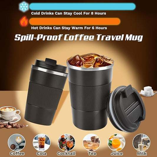 Vacuum-Insulated Stainless Steel Travel Coffee Mug, Leak-Proof Reusable Coffee Cup with Lid - Keep Hot & Cold Drinks for Hours, Durable Thermos Tumbler for Men & Women (3rd-Black, 17OZ)