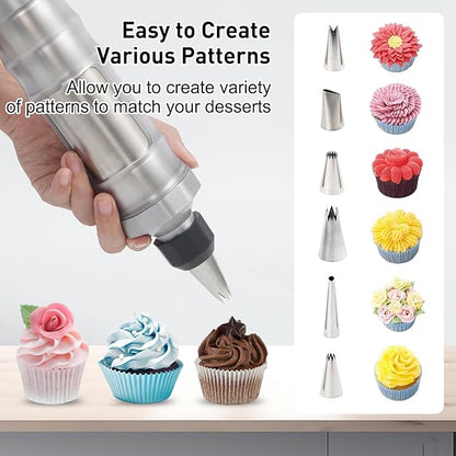 Cake Decorating Kit with 6 Stainless Steel Piping Tips, Frosting Gun & 8 Silicone Cups – Baking Supplies for Cake, Cupcake, Cookie Decorating – Piping Bags and Tips Set for Beginners & Bakers