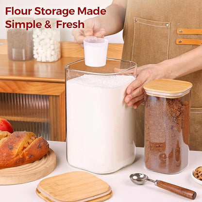 Glass Flour and Sugar Containers, Square Glass Containers with Bamboo Lids, Gallon Jars with Bamboo Lids for Cookies, Coffee Beans （2 pack 1.6/4.6 qt）