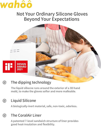 wahoo Professional Liquid Silicone Oven Mitts Gloves, Heat Resistant Gloves for Cooking, Baking, CoralAir Liner, 12 Inch, White, X-Large