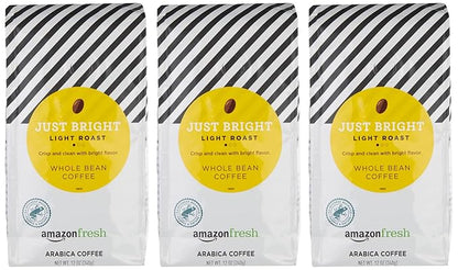Amazon Fresh Just Bright Whole Bean Coffee, Light Roast, 12 Ounce (Pack of 3)
