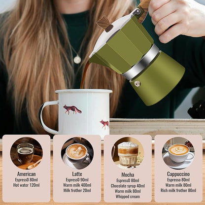 3 Cup Aluminum Moka Pot Classic Stovetop Espresso Coffee Maker 150ml 5oz Coffeemaker Percolator Mocha Pot Greca Coffee Maker Cafe Makers for Italian and Cuban Café Brewing Green