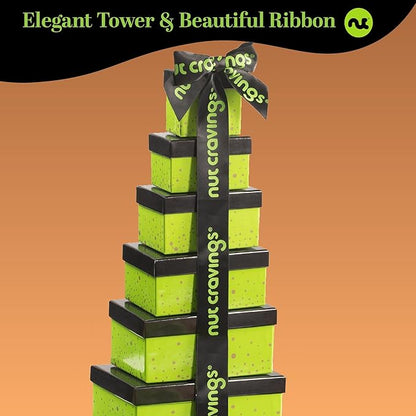 NUT CRAVINGS - Thanksgiving Dried Fruit & Mixed Nuts Gift Basket Green Tower + Ribbon (12 Assortments) Holiday Xmas Christmas Food Arrangement, Healthy Snack Care Package