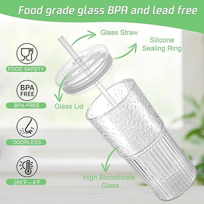 Glass Cups with Lids and Glass Straws, High Borosilicate 20OZ Tumblers (2Pcs) for Coffee, Tea, Juice, Smoothies, Hot/Cold Drinks at Home, Office