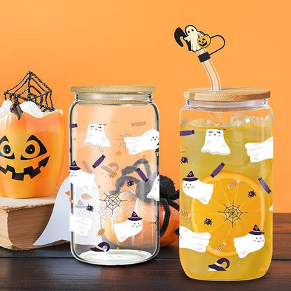 White Ghost Glass, 16 Oz, Fall Iced Coffee Mug with Straw and Lid, Perfect for Gothic Horror Themed Gifts and Thanksgiving Gifts (One)