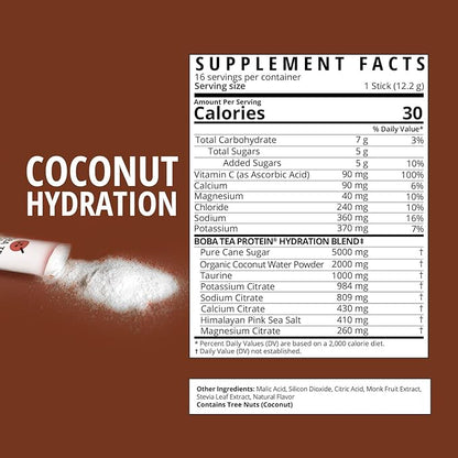 Boba Tea Hydration | Electrolyte Powder Drink Mix | Coconut Water | 1000mg Electrolytes, Vitamin C | 16 Stick Packets