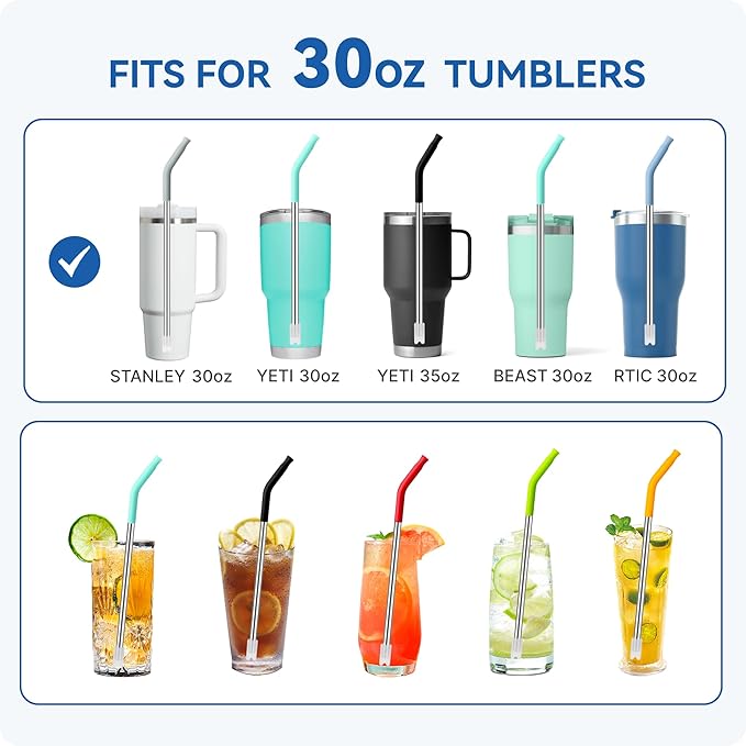 Reusable Metal Straws with Silicone Tip for Stanley 30oz,Stainless Steel Drinking Straws for 30oz Tumbler,3 Straight Tubes & 6 Tips& 1 Cleanr Brush (Jade)
