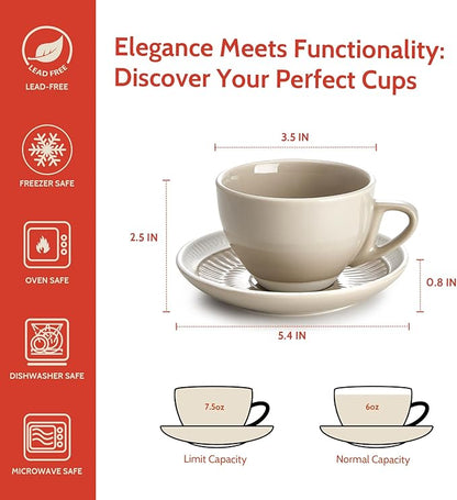 Sweese 6 Ounce Cappuccino Cups with Saucers, Porcelain Double Espresso Cups Set of 4 - Gray