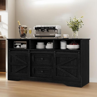 YITAHOME Buffet Cabinet with Drawers, 59" Large Sideboard Buffet Storage Cabinet with Shelves and Doors, Modern Farmhouse Coffee Bar Station Wood Kitchen Table for Kitchen, Dining Room, Black