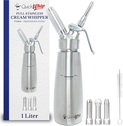 Stainless Steel Whipped Cream Dispenser, Professional Grade Whipper, Full Canister, with 3 Decorating Tip Nozzels, Ideal for Baking, Desserts, & Culinary Creations (1L)