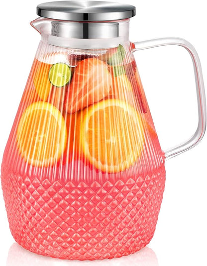 Glass Pitcher with Lid and Spout, veecom 80oz Water Pitchers for Drinks, Large Glass Jug for Juice, Lemonade, Beverage, Iced Tea Pitcher for Fridge, Heat Resistant Water Carafe with Brush