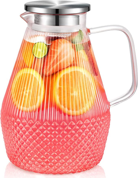 Glass Pitcher with Lid and Spout, veecom 80oz Water Pitchers for Drinks, Large Glass Jug for Juice, Lemonade, Beverage, Iced Tea Pitcher for Fridge, Heat Resistant Water Carafe with Brush