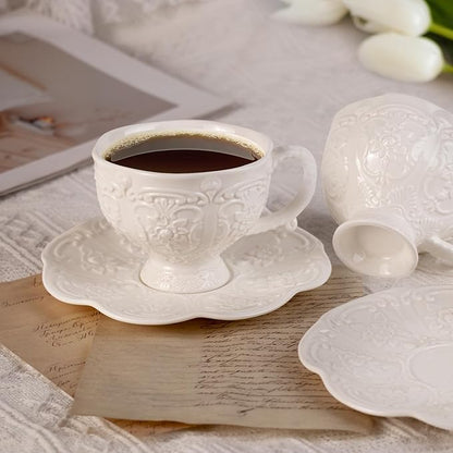 KAMMAK Tea Cups and Saucers Set of 2, Porcelain Coffee Cups, 7.8-Ounce Stackable Espresso Mugs, Ceramic Demitasse for Coffee, Latte, Americano, Tea, Britney