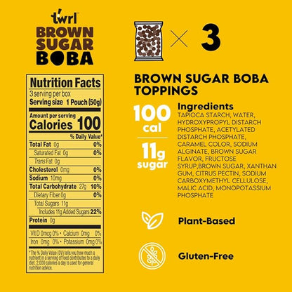 Twrl Brown Sugar Boba Bubble Tea Topping - Taiwanese Boba Pearls, Cafe-Style Tapioca Topping, Instant - Perfect for Milk Tea and Coffee, Gluten-Free, Plant-Based - Pack of 3 Single Servings & 3 Boba Straws