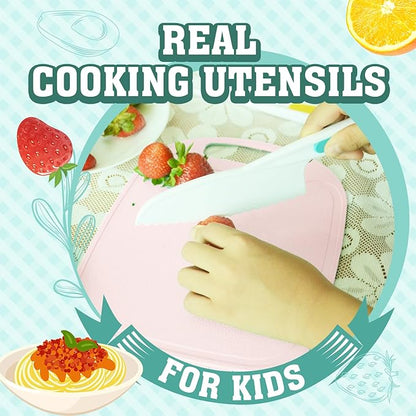 JoyTown Kids Cooking and Baking Set with Storage Case –Complete Cooking Supplies for The Junior Chef with Cookbook, Knives, Timer, Kids Baking Kit for Girls & Boys – Real Utensils Accessories - Pink