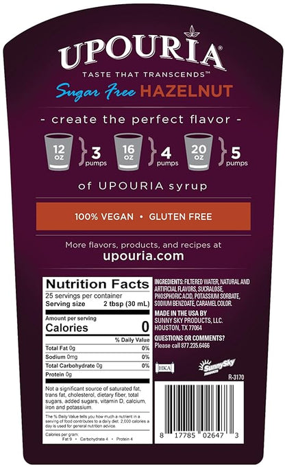 Upouria Sugar Free Hazelnut Coffee Syrup Flavoring, 100% Vegan, Gluten-Free, Kosher, 750 mL Bottle (Pack of 2) with 1 Coffee Syrup Pump