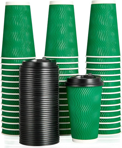 80 Count 16 OZ Coffee Cups with Lids, Insulated Ripple Wall Paper Hot Coffee Paper Cups for Hot Drinks