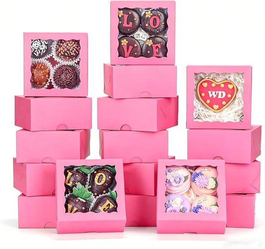 90 Pack 4x4x2 Inches Pink Bakery Boxes (Clear Window) – Ideal for Packaging Macaron, Ores, Chocolate Truffle, Strawberry, Cookie, Donut, Pie – Party, Wedding, Holiday Favors