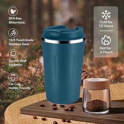 Volhoply 12 oz Double Wall Insulated Vacuum Travel Coffee Mug with Flip Lid Bulk 4 Pack,Reusable Stainless Steel Leak Proof Coffee Cups,Portable Cafe Thermal Tumbler for Hot & Cold Drinks(Bule,4 Set)